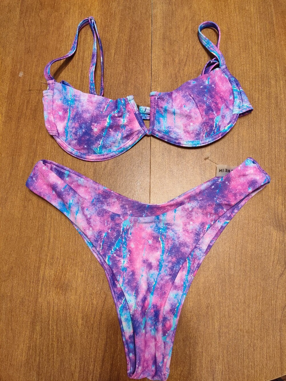 SHEIN Purple Pink and Blue Tie-Dye Underwire Bikini Set